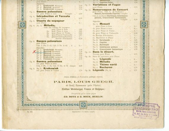 Partition de la «Mazurek» en la mineur tirée des «Danses polonaises» pour piano op. 9 n° 2 de Paderewski (Louis Gregh, Paris – avec en couverture une liste des «compositions de Paderewski» diffusées par cette maison)