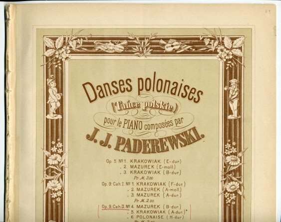 Partition des «Danses polonaises (Tance polskie) pour le piano» op. 9 nos 4-6 (cahier II) de Paderewski – n° 4: Mazurek, n° 5: Krakowiak, n° 6: Polonaise (Ed. Bote & G. Bock, Berlin & Posen)