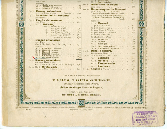 Partition de la «Polonaise» en si majeur tirée des «Danses polonaises» pour piano op. 9 n° 6 de Paderewski (Louis Gregh, Paris – avec en couverture une liste des «compositions de Paderewski» diffusées par cette maison)