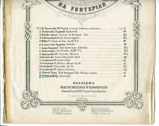 Partition de l'«Impromptu» en fa majeur pour piano (sans opus) de Paderewski (Sklad Nut Muzycznych Wr. Banarskiego, Varsovie – n° 16 d'un recueil de «Kompozycye Klassyczne i Salonowe na Fortepian» [collection de pièces classiques et de salon pour piano])