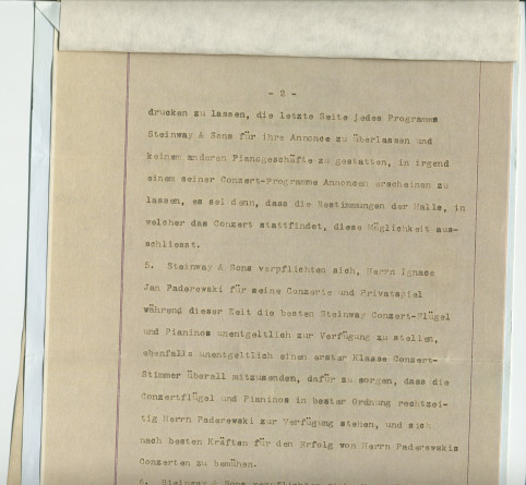 Reproduction couleur du contrat (libellé en allemand) de la deuxième tournée américaine de Paderewski, signé à New York le 28 mars 1892