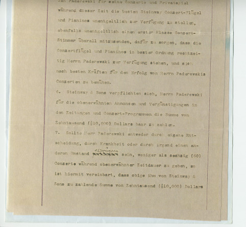 Reproduction couleur du contrat (libellé en allemand) de la deuxième tournée américaine de Paderewski, signé à New York le 28 mars 1892