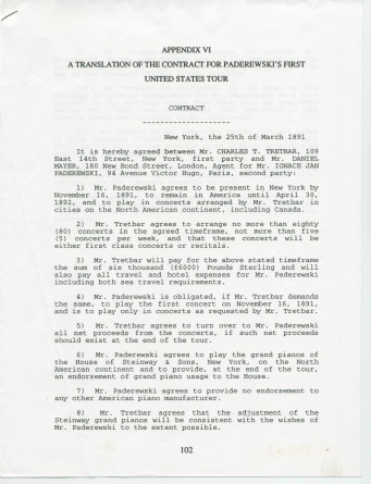 Reproduction couleur du contrat (libellé en allemand) de la deuxième tournée américaine de Paderewski, signé à New York le 28 mars 1892