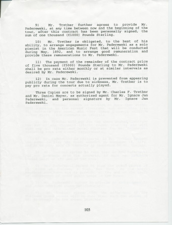 Reproduction couleur du contrat (libellé en allemand) de la deuxième tournée américaine de Paderewski, signé à New York le 28 mars 1892