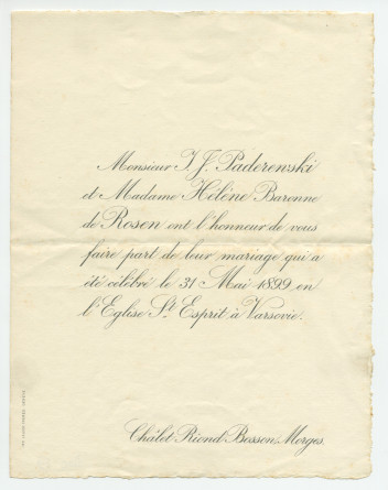Faire-part de mariage d'Ignace Paderewski et Hélène née Baronne de Rosen, célébré le 31 mai 1899 en l'église Saint-Esprit de Varsovie