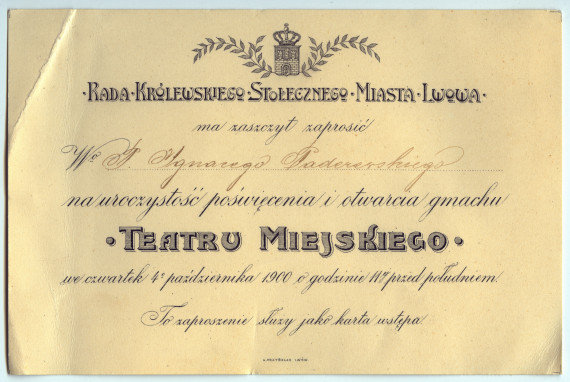 Carton d'invitation adressé personnellement à Paderewski par le Conseil de la ville royale métropolitaine de Lwów pour l'inauguration du Théâtre de la ville le 4 octobre 1900