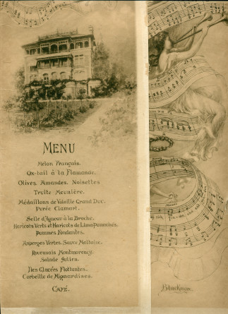 Menu du «Dinner to Ignace Jean Paderewski at Ritz-Carlton by The Bohemians (New York Musicians Club), May 2nd 1914», avec reproduction de la villa de Riond-Bosson et des premières mesures de quelques œuvres de Paderewski