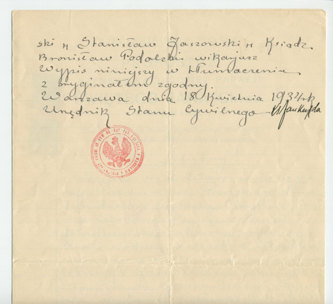Traductions du russe en polonais de l'acte de mariage d'Hélène de Rosen et Ladislas Gorski (célébré le 24 août / 5 septembre 1874) extrait des registres de l'état-civil de la paroisse catholique-romaine Saint-Jean-Baptiste de Varsovie