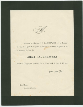 Faire-part de décès du fils unique de Paderewski, Alfred, né de son union avec Antonina Korsak et atteint de poliomyélite, survenu le 20 mars 1901 à Göggingen (Bavière), à l'âge de 20 ans
