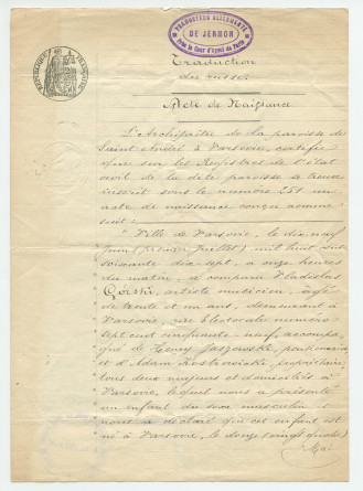 Traductions du russe en français (18 juin 1890) et en polonais (22 avril 1934) de l'acte de naissance de Waclaw Othon Gorski, fils de Ladislas Gorski et d'Hélène née baronne de Rosen, né le 12/24 mai 1877