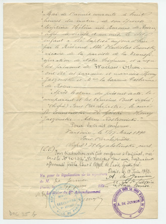 Traductions du russe en français (18 juin 1890) et en polonais (22 avril 1934) de l'acte de naissance de Waclaw Othon Gorski, fils de Ladislas Gorski et d'Hélène née baronne de Rosen, né le 12/24 mai 1877