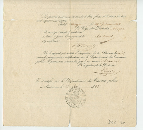 Permission [sous en-tête des Ponts et Chaussée du Canton de Vaud] d'établir une conduite en fer le long de la route de 2e classe Bière-Lavigny au lieu-dit «Es Fruits d'amont»