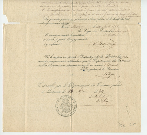 Permission [sous en-tête des Ponts et Chaussée du Canton de Vaud] d'établir une conduite en fer le long de la route de 2e classe Bière-Lavigny à l'abord occidental du «chalet rière Tolochenaz»