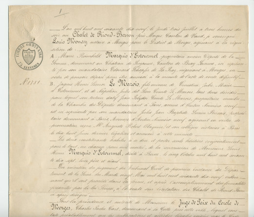 Acte n° 1751 de mise en vente à l'enchère publique sur licitation du «Chalet de Riond-Bosson» réalisée le 3 juillet 1879 devant le notaire Louis Monay, à Morges