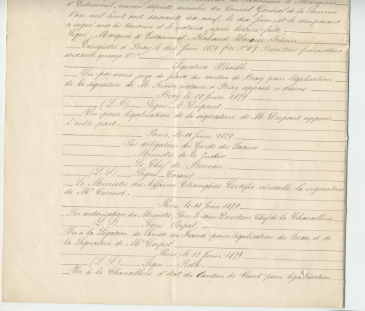 Acte n° 1752 de cession d'une moitié indivise du domaine dit «le Chalet de Riond-Bosson» réalisée le 5 juillet 1879 devant le notaire Louis Monay, à Morges