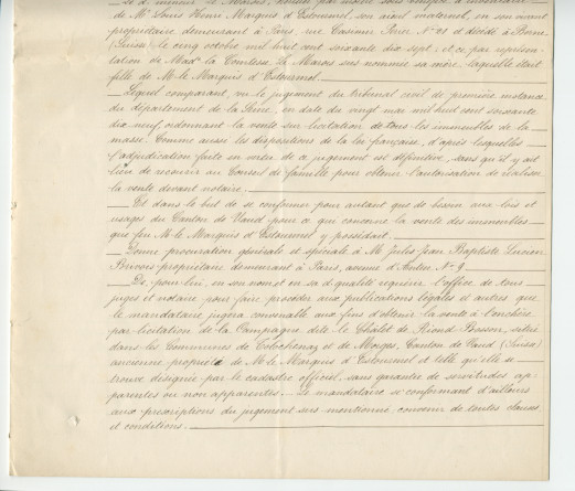 Acte n° 1752 de cession d'une moitié indivise du domaine dit «le Chalet de Riond-Bosson» réalisée le 5 juillet 1879 devant le notaire Louis Monay, à Morges