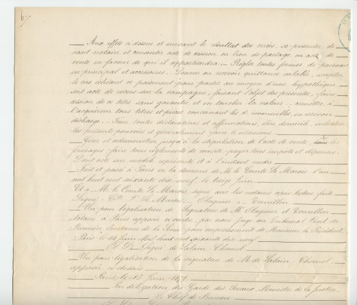 Acte n° 1752 de cession d'une moitié indivise du domaine dit «le Chalet de Riond-Bosson» réalisée le 5 juillet 1879 devant le notaire Louis Monay, à Morges