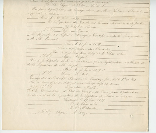 Acte n° 1752 de cession d'une moitié indivise du domaine dit «le Chalet de Riond-Bosson» réalisée le 5 juillet 1879 devant le notaire Louis Monay, à Morges