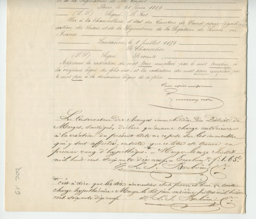 Acte n° 1752 de cession d'une moitié indivise du domaine dit «le Chalet de Riond-Bosson» réalisée le 5 juillet 1879 devant le notaire Louis Monay, à Morges