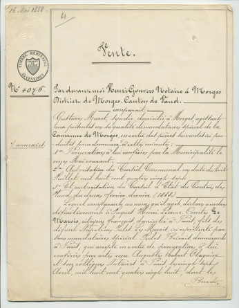 Acte n° 4076 de vente d'immeubles propriétés de la Commune de Morges situés sur les communes de Tolochenaz (Au Molliau) et Morges (À Bonjean, En Riond-Bosson) réalisée le 16 mai 1888 devant le notaire Henri Gonvers, à Morges