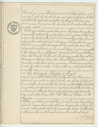 Acte n° 4076 de vente d'immeubles propriétés de la Commune de Morges situés sur les communes de Tolochenaz (Au Molliau) et Morges (À Bonjean, En Riond-Bosson) réalisée le 16 mai 1888 devant le notaire Henri Gonvers, à Morges