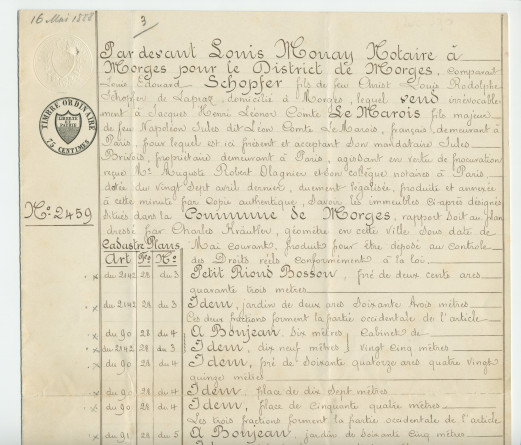 Acte n° 2459 de vente d'immeubles situés sur la commune de Morges (Petit Riond-Bosson, À Bonjean) selon le plan réalisé par M. Charles Kräutler, géomètre en cette ville, réalisée le 16 mai 1888 devant le notaire Louis Monay, à Morges