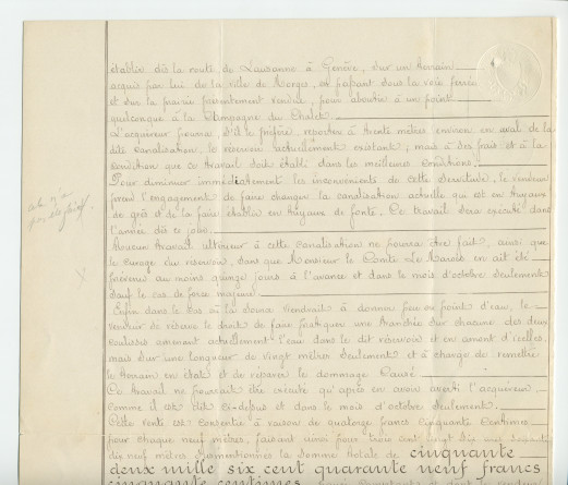Acte n° 2459 de vente d'immeubles situés sur la commune de Morges (Petit Riond-Bosson, À Bonjean) selon le plan réalisé par M. Charles Kräutler, géomètre en cette ville, réalisée le 16 mai 1888 devant le notaire Louis Monay, à Morges