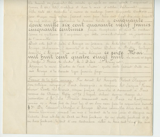 Acte n° 2459 de vente d'immeubles situés sur la commune de Morges (Petit Riond-Bosson, À Bonjean) selon le plan réalisé par M. Charles Kräutler, géomètre en cette ville, réalisée le 16 mai 1888 devant le notaire Louis Monay, à Morges