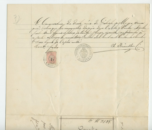 Acte n° 2459 de vente d'immeubles situés sur la commune de Morges (Petit Riond-Bosson, À Bonjean) selon le plan réalisé par M. Charles Kräutler, géomètre en cette ville, réalisée le 16 mai 1888 devant le notaire Louis Monay, à Morges