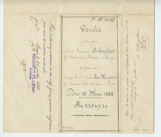 Acte n° 2459 de vente d'immeubles situés sur la commune de Morges (Petit Riond-Bosson, À Bonjean) selon le plan réalisé par M. Charles Kräutler, géomètre en cette ville, réalisée le 16 mai 1888 devant le notaire Louis Monay, à Morges
