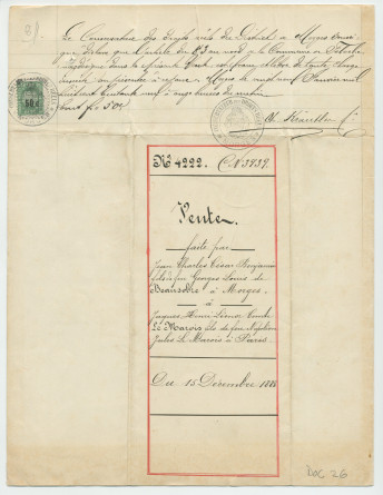 Acte n° 4222 de vente d'un immeuble sis «Au Molliau», sur la commune de Tolochenaz, réalisée le 15 décembre 1888 devant le notaire Henri Gonvers, à Morges, par M. Jean Charles César Benjamin, fils de feu Georges Louis de Beausobre, à Morges