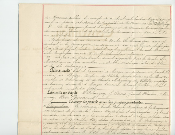 Convention entre la Compagnie des chemins de fer de la Suisse-Occidentale et du Simplon, représentée par M. Louis Delarageaz, ingénieux, domicilié à Lausanne, et M. Jacques Henri Lénor Comte Le Marois