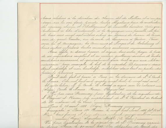 Convention entre la Compagnie des chemins de fer de la Suisse-Occidentale et du Simplon, représentée par M. Louis Delarageaz, ingénieux, domicilié à Lausanne, et M. Jacques Henri Lénor Comte Le Marois
