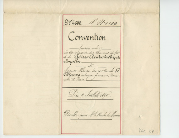 Convention entre la Compagnie des chemins de fer de la Suisse-Occidentale et du Simplon, représentée par M. Louis Delarageaz, ingénieux, domicilié à Lausanne, et M. Jacques Henri Lénor Comte Le Marois