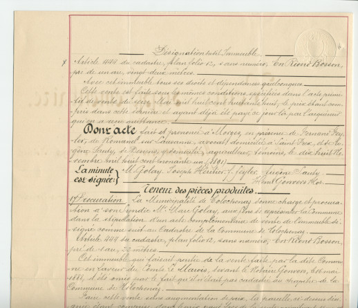 Acte n° 5118 de vente complémentaire d'un immeuble sis «En Riond-Bosson» propriété de la Commune de Tolochenaz réalisée le 18 novembre 1891 devant le notaire Henri Gonvers, à Morges
