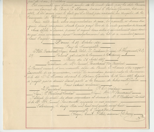 Acte n° 5118 de vente complémentaire d'un immeuble sis «En Riond-Bosson» propriété de la Commune de Tolochenaz réalisée le 18 novembre 1891 devant le notaire Henri Gonvers, à Morges