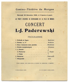 Programme du récital donné par Paderewski le 23 décembre 1903 au Casino-Théâtre de Morges au profit d'œuvres de bienfaisance de la Ville