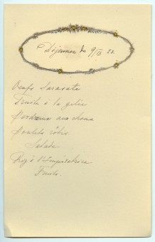 Menu manuscrit réalisé par Hélène Paderewska pour le déjeuner du 9 septembre 1923 à Riond-Bosson
