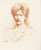 Dessin brun-rouge (crayon? lithographie?) de Paderewski tiré du livre «The Century Library of Music in Twenty Volumes edited by IJP» (Century Co., 1900) (signature illisible: «George T. T?»)