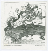 Reproduction d'une caricature «politique» d'auteur non identifié représentant un soldat allemand dansant sur le piano de Paderewski sous le signe de la «Deutsch-Polnische Harmonie»