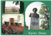 Carte postale du Musée Paderewski de Kasna Dolna à Tarnów, avec photographies de la maison de Paderewski (1897-1903), du salon Paderewski et du buste sculpté par Stefan Niedorezo – éditée par la Fondation Paderewski de Tarnów