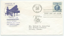 Enveloppe d'émission de l'United States Postal émise le 9 octobre 1960 à Washington avec timbre de 4c et cette légende: «Champion of liberty, Ignace Jan Paderewski, polish patriot, premier and pianist, for domestic mail, first day cover»
