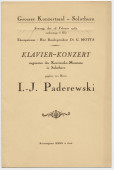 Programme du récital donné par Paderewski le 28 février 1937 au Grosser Konzertsaal de Soleure, sous le patronage du président de la Confédération Giuseppe Motta, au profit du Musée Kosciuszko de Soleure – Avec affichette et 2 billets d'entrée