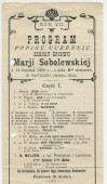 Programme du récital des élèves de l'école de chant de Marie Sobolewska [Marij Sobolewskiej] donné le 16 juin 1909 à l'Hôtel de ville de Varsovie, avec le concours notamment de Z. Kinowska interprète de «Za Dawnych Lat» de Paderewski