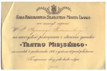 Carton d'invitation adressé personnellement à Paderewski par le Conseil de la ville royale métropolitaine de Lwów pour l'inauguration du Théâtre de la ville le 4 octobre 1900